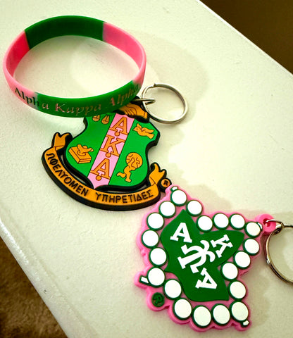 Alpha Kappa Alpha (AKA) Shield Key Chain and Bracelet Bundle v1