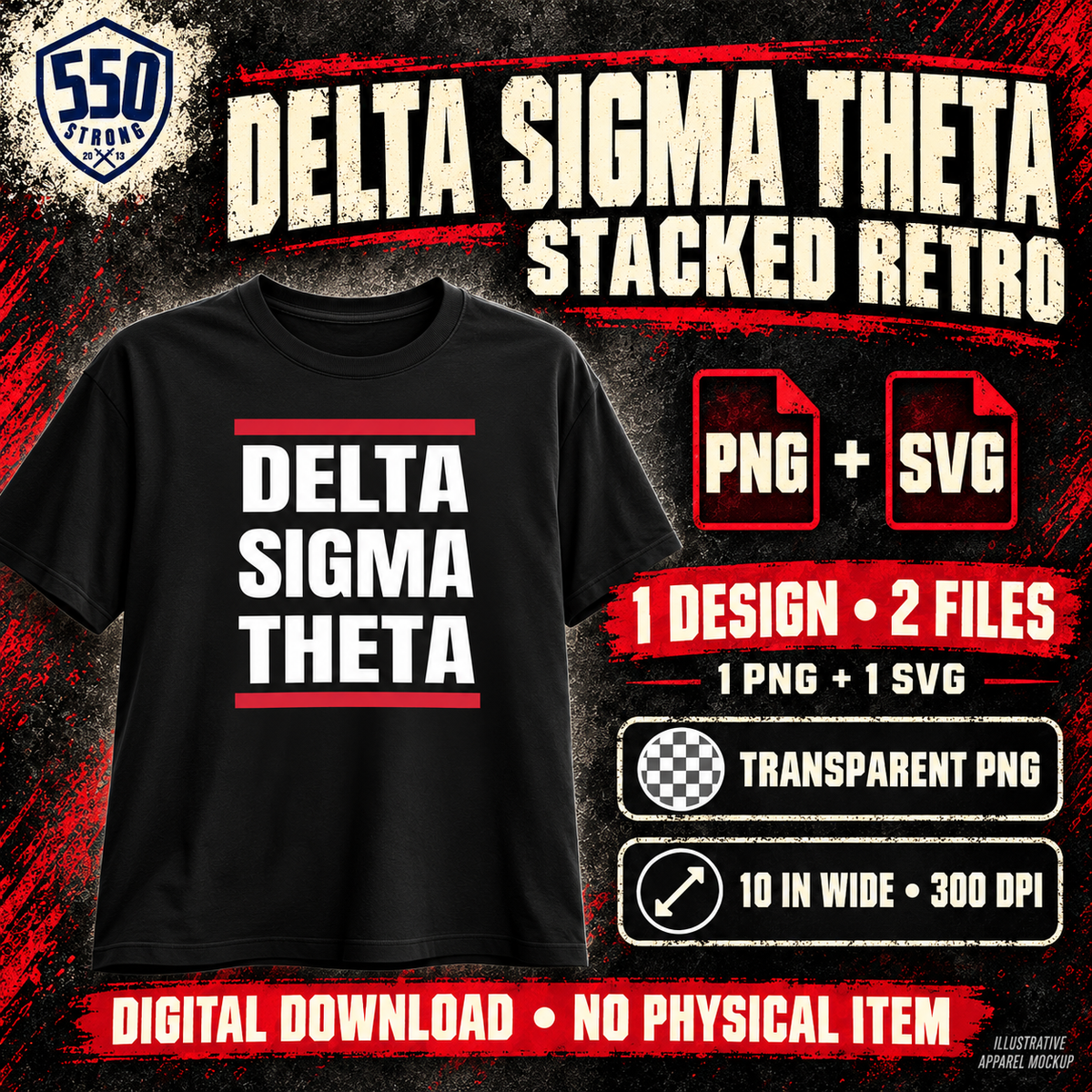 Delta Sigma Theta stacked PNG + SVG, one design and two files. Illustrative black shirt; digital download only.
