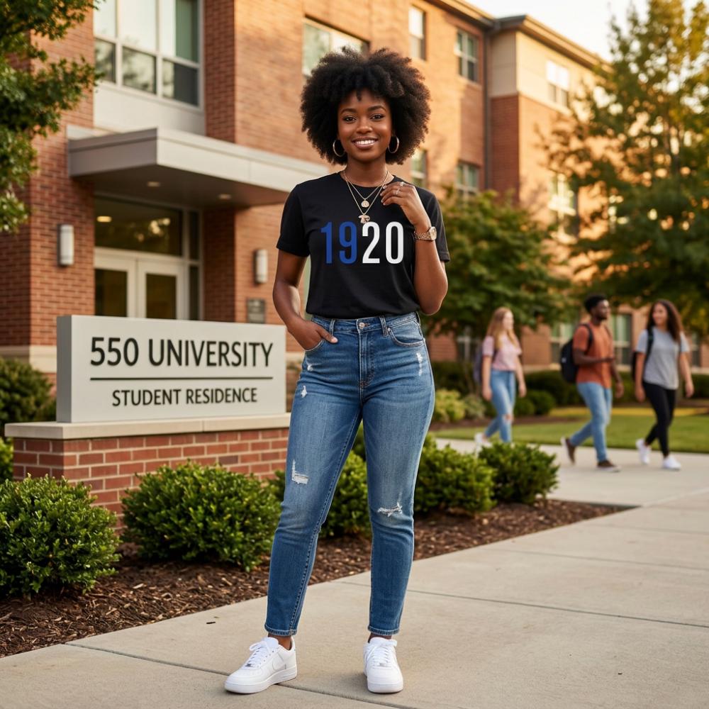 May include: A woman wearing a black t-shirt with the number "1920" in blue and white, paired with blue jeans and white sneakers. The background features a university building and a sign that reads "550 UNIVERSITY STUDENT RESIDENCE."