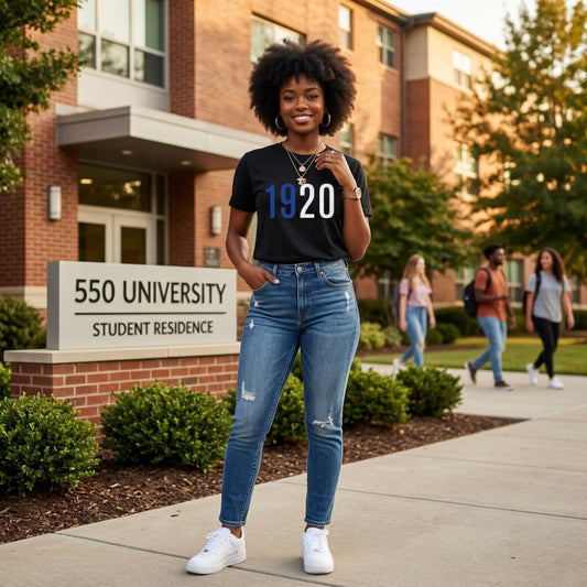 May include: A woman wearing a black t-shirt with the number "1920" in blue and white, paired with blue jeans and white sneakers. The background features a university building and a sign that reads "550 UNIVERSITY STUDENT RESIDENCE."
